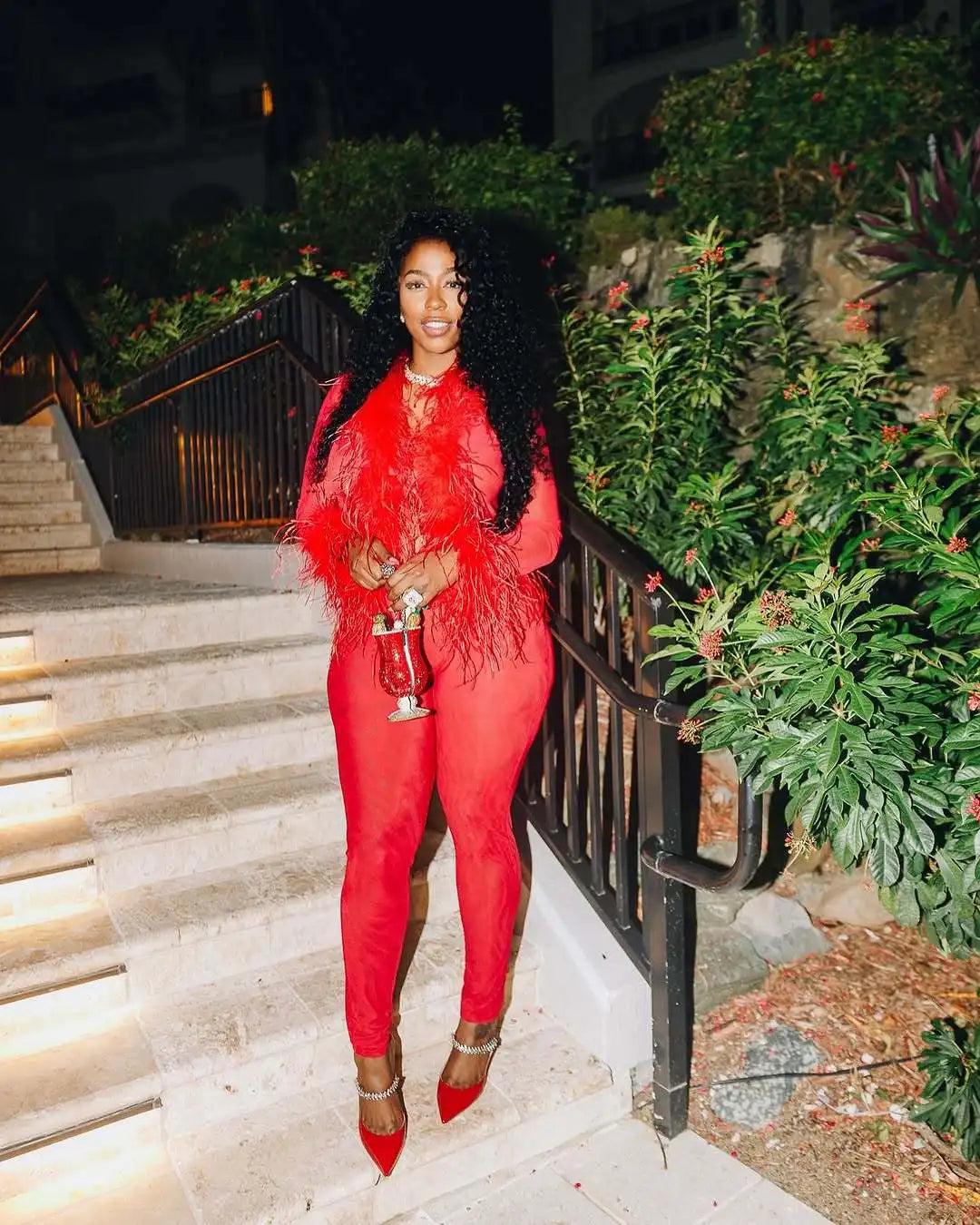 ITGIRLSOCIETY Mesh & Feather Trim Two-Piece Set