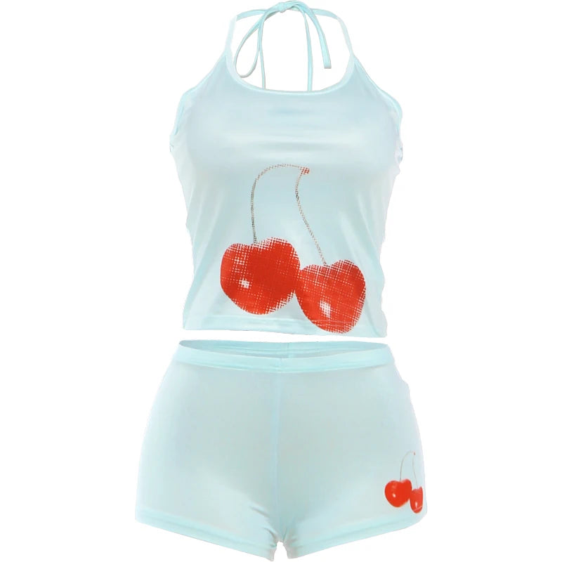ITGIRLSOCIETY Cherry Print Backless Tank & Shorts Set