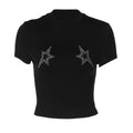 HLJ&GG Black Y2K Fashion Punk Hollow Shorts Two Piece Sets Women Round Neck Rhinestone Slim Crop Top + Shorts Outfits Streetwear