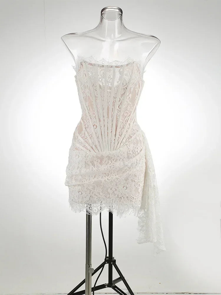 TARUXY Sexy Lace See-through Patchwork Corset Dress Female Bodycon Elegant Party MIrrgualr Mini Dress Women Tube Top Dress New
