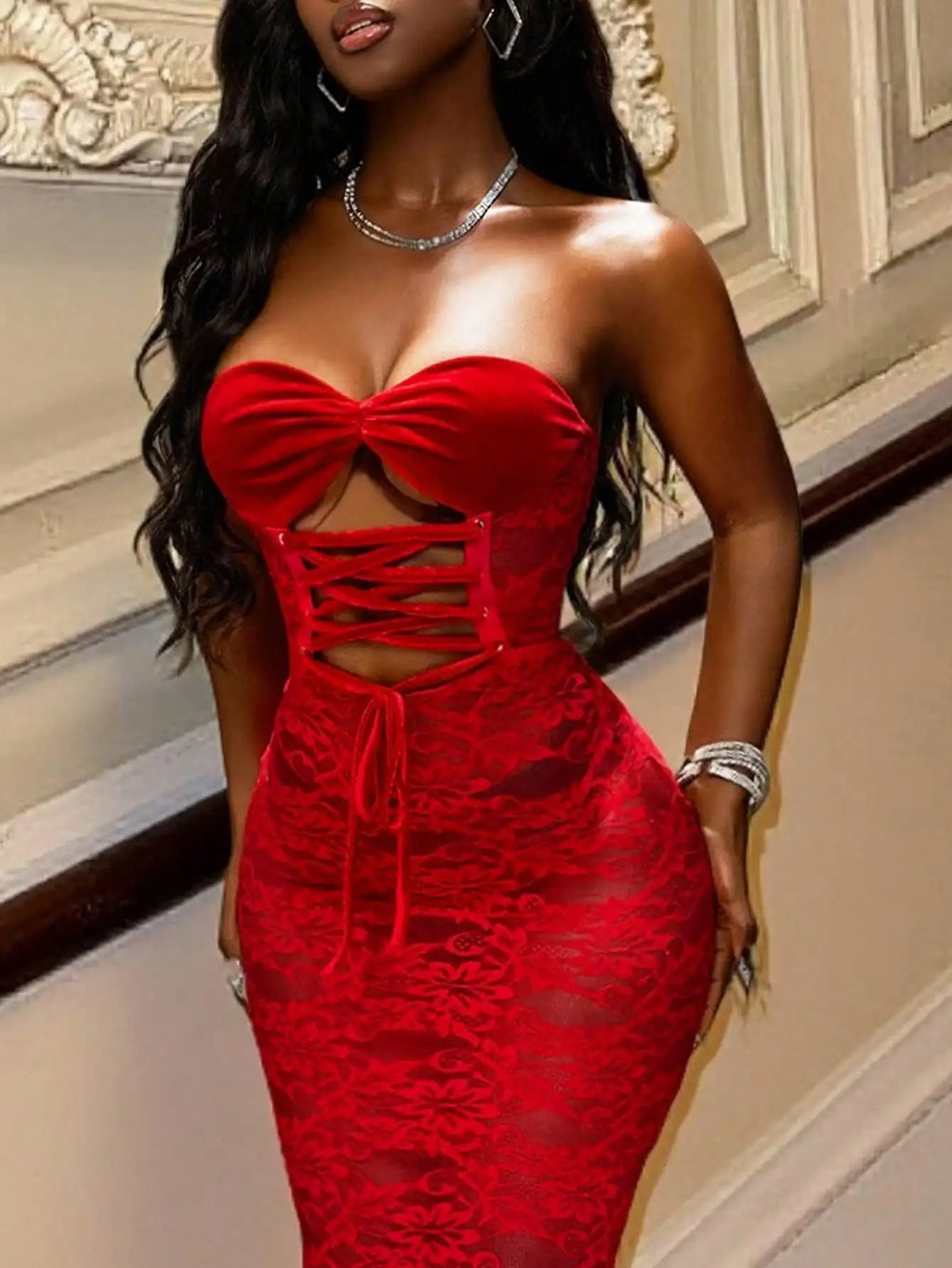 Red Strapless Lace Maxi Dress with Corset Back and Fishtail Hem