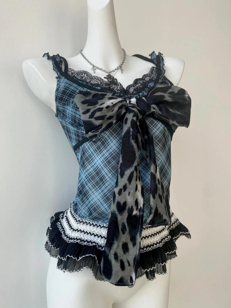 ITGIRLSOCIETY Y2K Leopard Lace Patchwork Cami Tank Top
