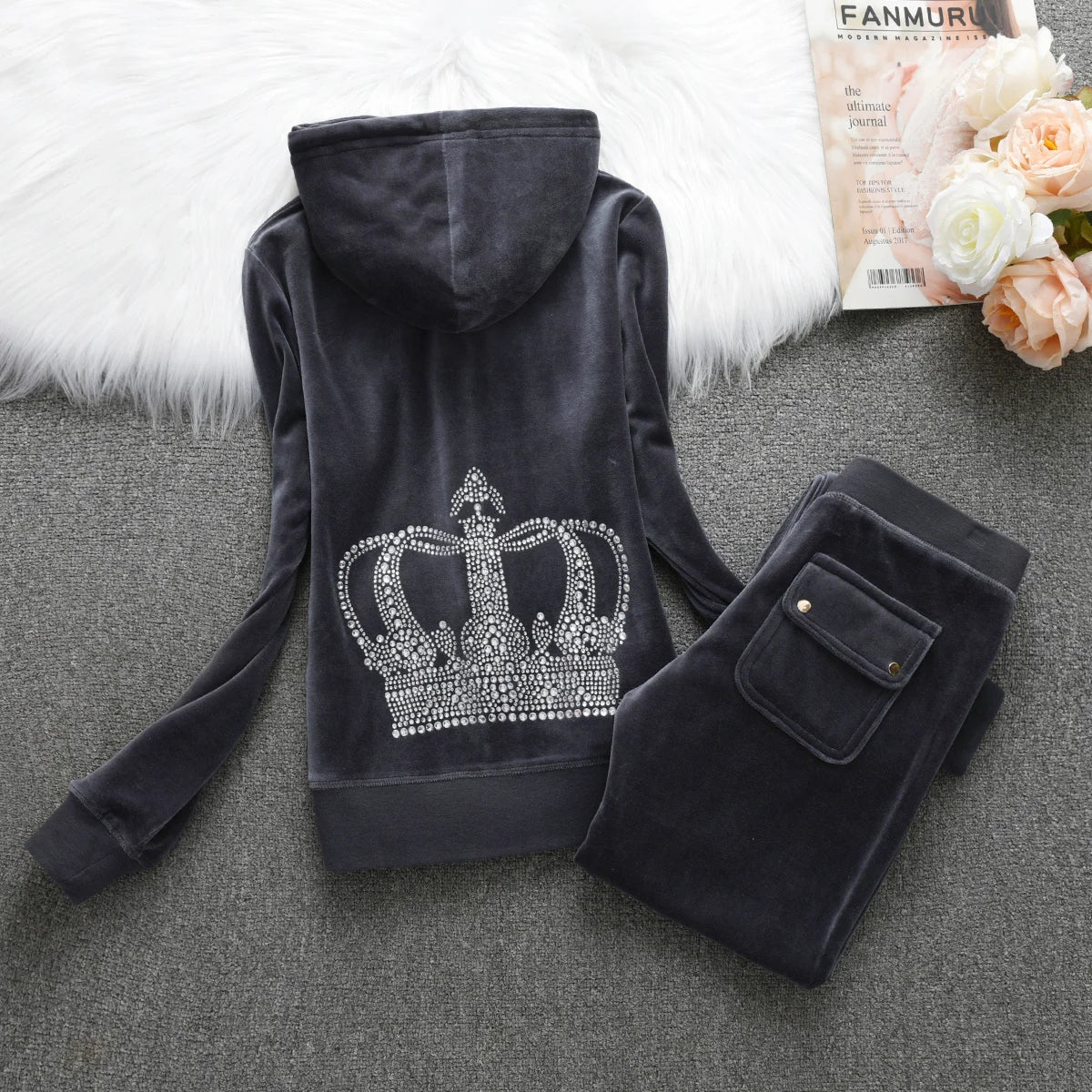 Velvet Tracksuit Hooded Winter Women Hooded Velvet Suit American Streetwear Casual Hooded Sweatshirt 2pc Casual Women's Suit