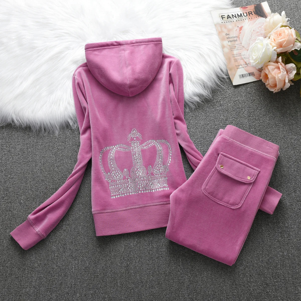 Velvet Tracksuit Hooded Winter Women Hooded Velvet Suit American Streetwear Casual Hooded Sweatshirt 2pc Casual Women's Suit