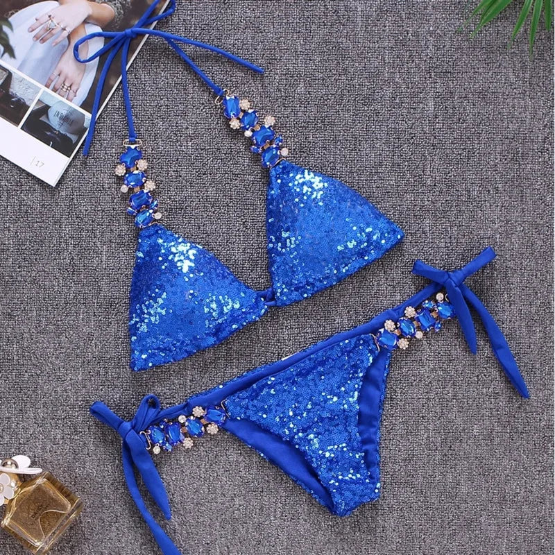 Shiny Sexy Bikinis Swimsuit With Rhinestones Women Swimwear Female Push Up Bikini Beach Swim Wear Bathing Suits Pool Bather 2025