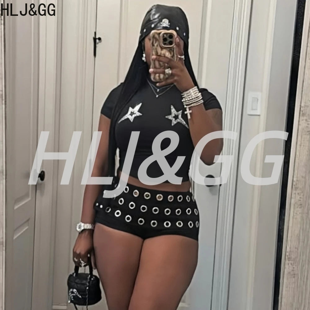 HLJ&GG Black Y2K Fashion Punk Hollow Shorts Two Piece Sets Women Round Neck Rhinestone Slim Crop Top + Shorts Outfits Streetwear