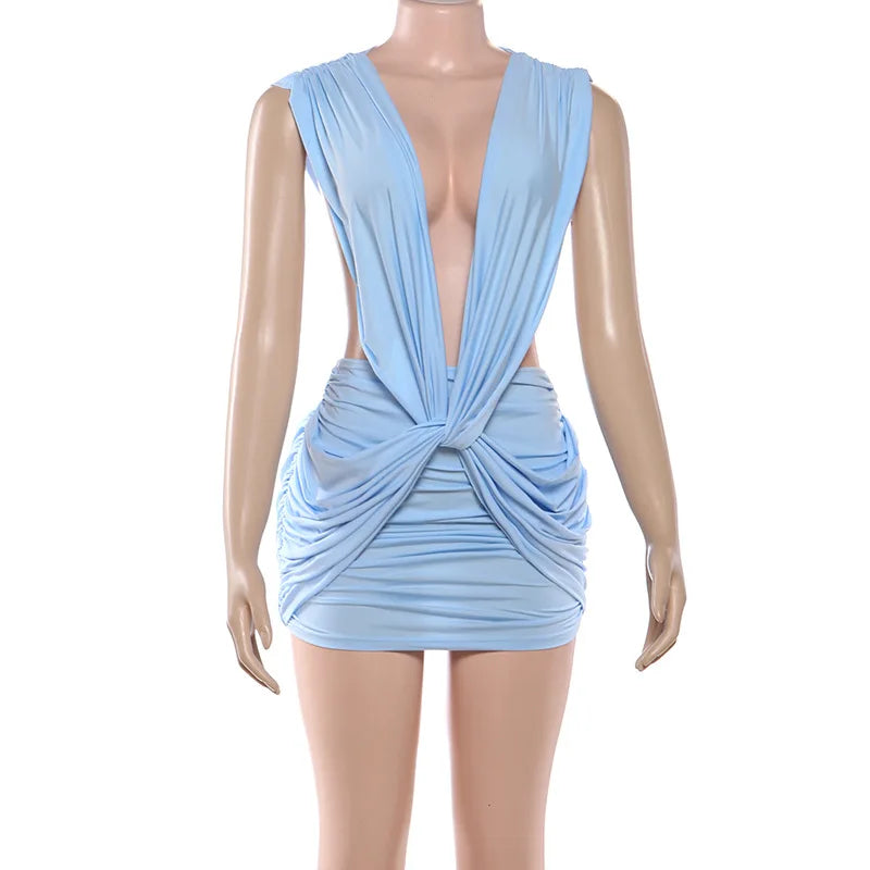 Y2K Hollow Out Women's Sexy Mini Dress Summer Sleeveless V Neck Backless Party Club Short Dresses Outfit Ruched Bodycon Gift