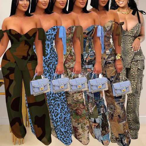 2 Piece Sets Women Print Top Straight Pants Suit Multiple Pockets Strapless Floor Length Trousers Ensemble 2025 Sexy Outfits