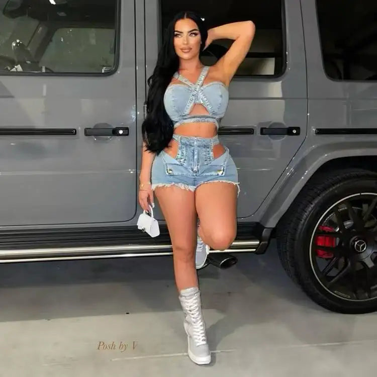 ITGIRLSOCIETY Hollow-Out Denim Strapless Top & Shorts Set