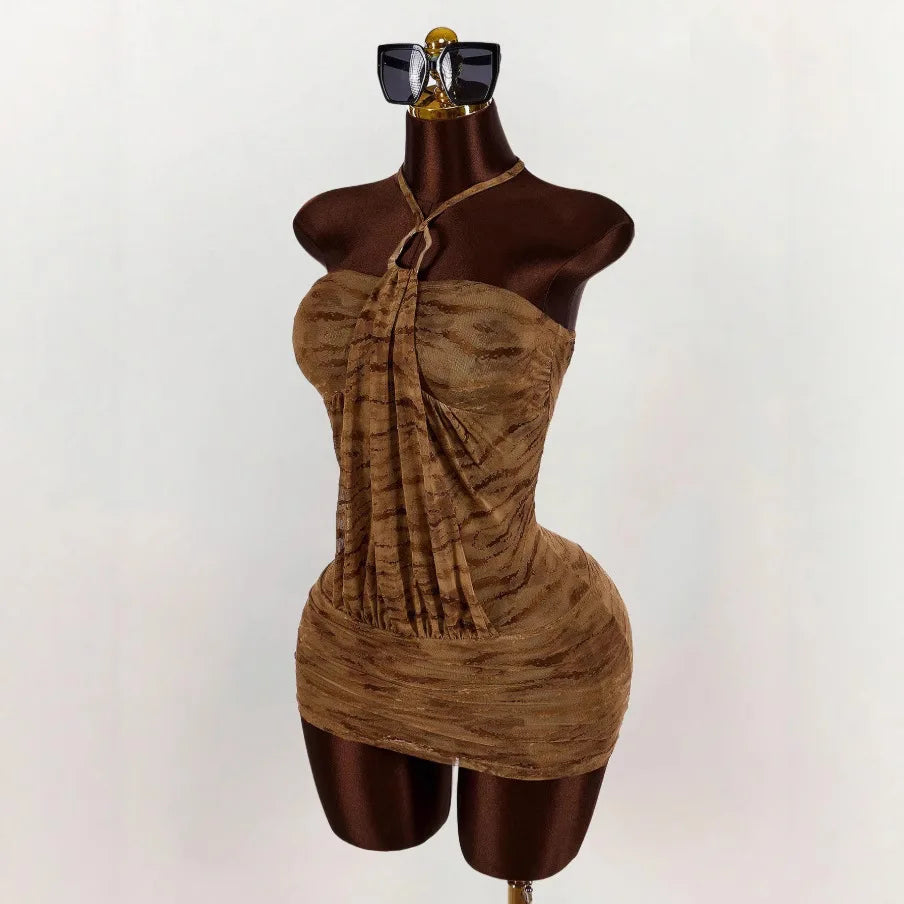 American Personalized Fashion Retro Short Hip Skirt Niche Sexy Backless Sleeveless Design Halter Dress for Women Hot girl sexy