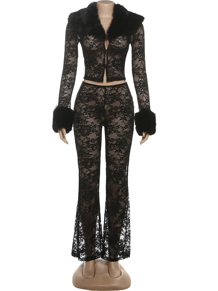 ITGIRLSOCIETY Fur Button Jacket+Flare Pants