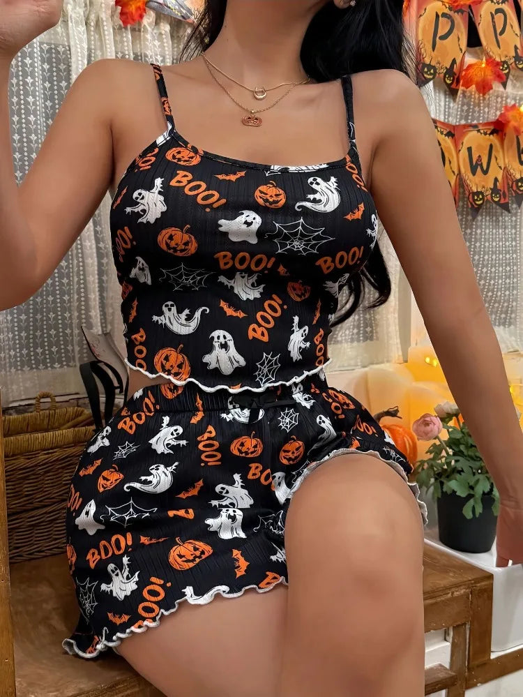 ITGIRLSOCIETY Halloween Pumpkin Ribbed Crop Pajama Set
