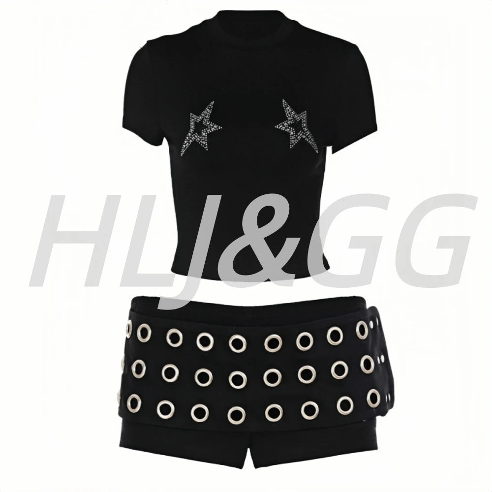 HLJ&GG Black Y2K Fashion Punk Hollow Shorts Two Piece Sets Women Round Neck Rhinestone Slim Crop Top + Shorts Outfits Streetwear
