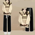 ITGIRLSOCIETY Preppy Knit Vest, Bandage Shirt & Wide-Leg Pants Three Piece Set
