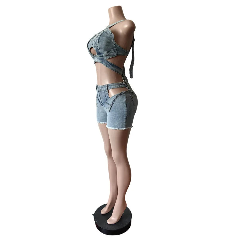 ITGIRLSOCIETY Hollow-Out Denim Strapless Top & Shorts Set