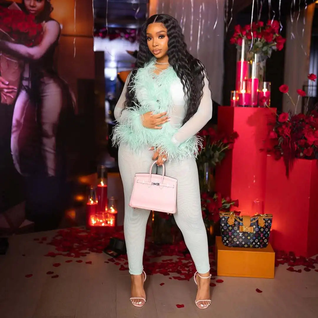ITGIRLSOCIETY Mesh & Feather Trim Two-Piece Set