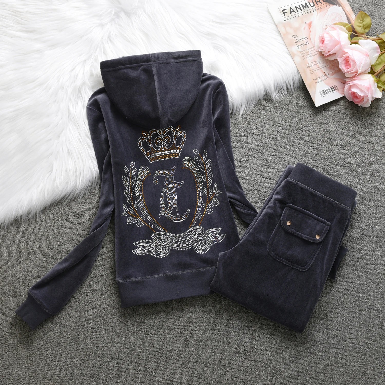 Velvet Tracksuit Hooded Winter Women Hooded Velvet Suit American Streetwear Casual Hooded Sweatshirt 2pc Casual Women's Suit