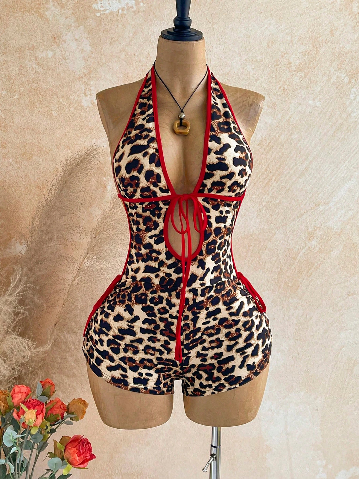 ITGIRLSOCIETY Leopard Print w/ Red Halter Neck Jumpsuit