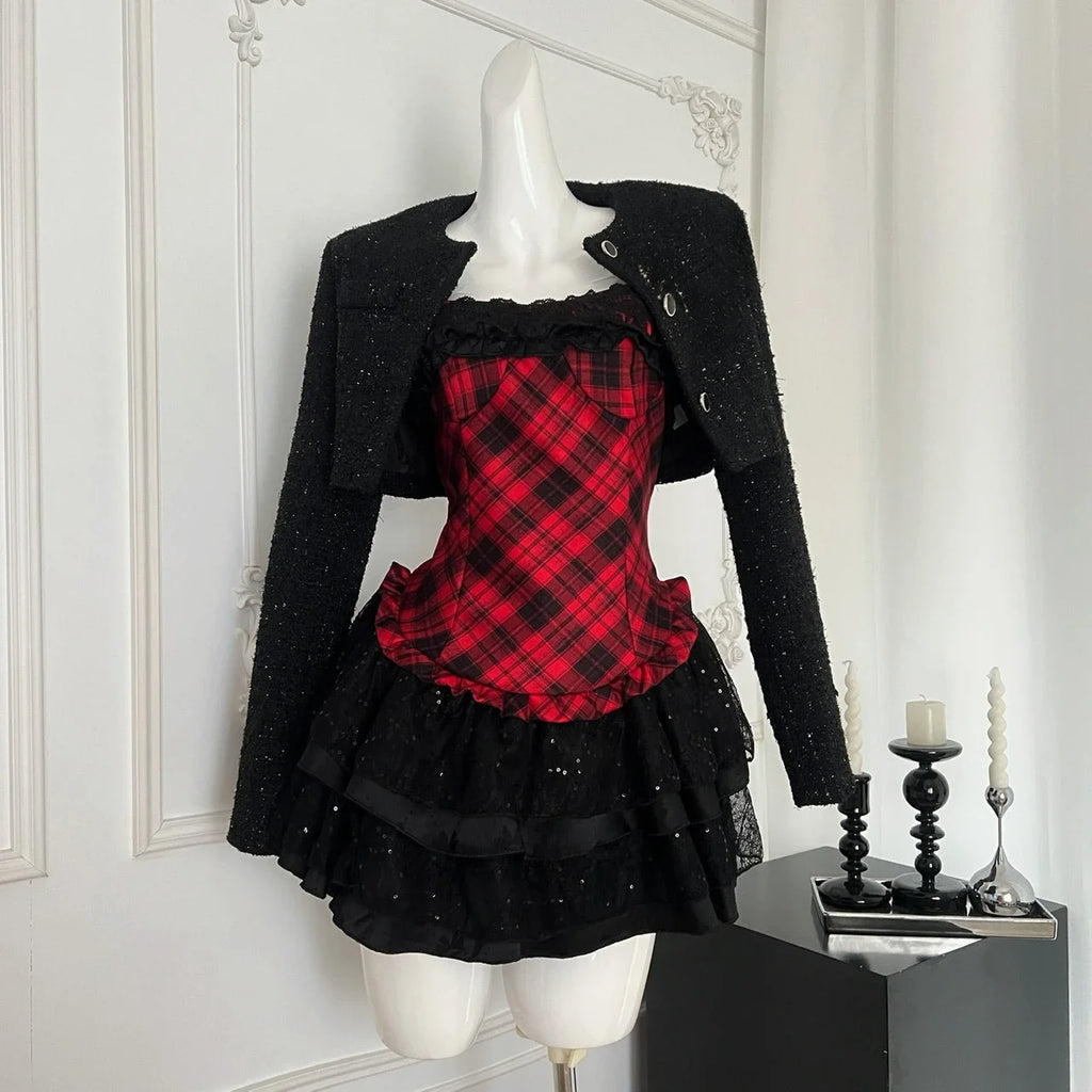 ITGIRLSOCIETY Y2K Coat & Plaid Dress Set