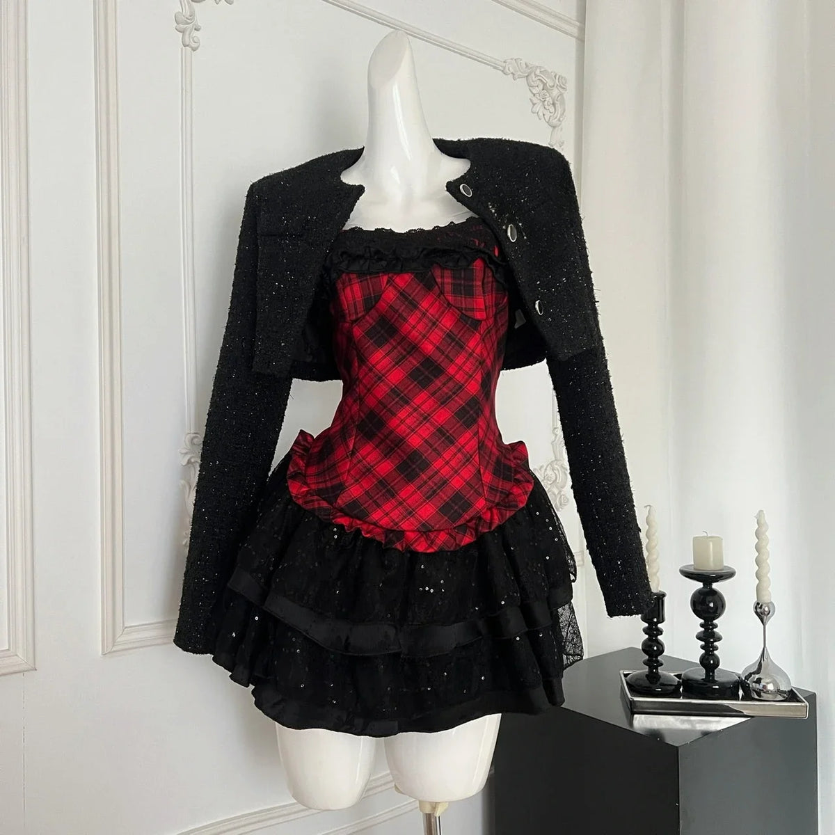 ITGIRLSOCIETY Y2K Coat & Plaid Dress Set