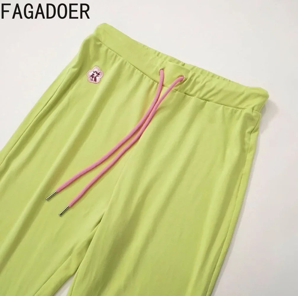 FAGADOER Y2k Fashion 2 Piece Sets Woman Outfit Embroidery Crop Top + Drawstring Flared Pants Suit Female Streetwear Clothing New