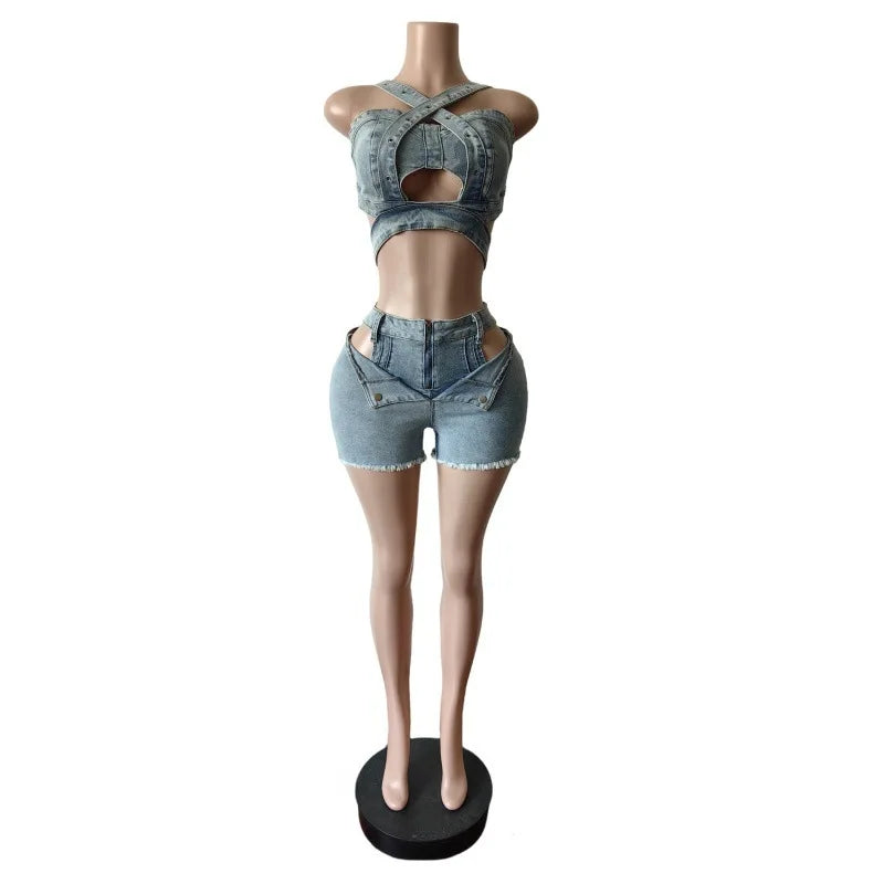 ITGIRLSOCIETY Hollow-Out Denim Strapless Top & Shorts Set