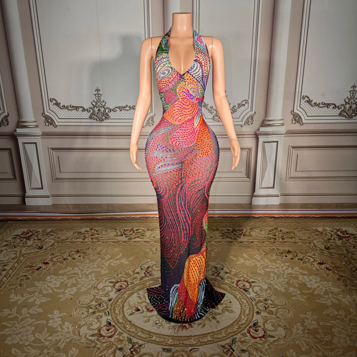 ITGIRLSOCIETY Sheer Mesh Crystal Rhinestone Gown