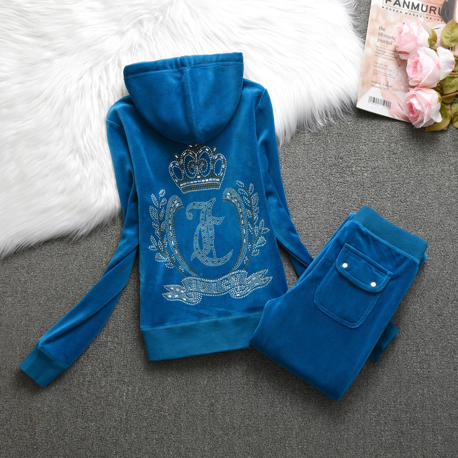Velvet Tracksuit Hooded Winter Women Hooded Velvet Suit American Streetwear Casual Hooded Sweatshirt 2pc Casual Women's Suit