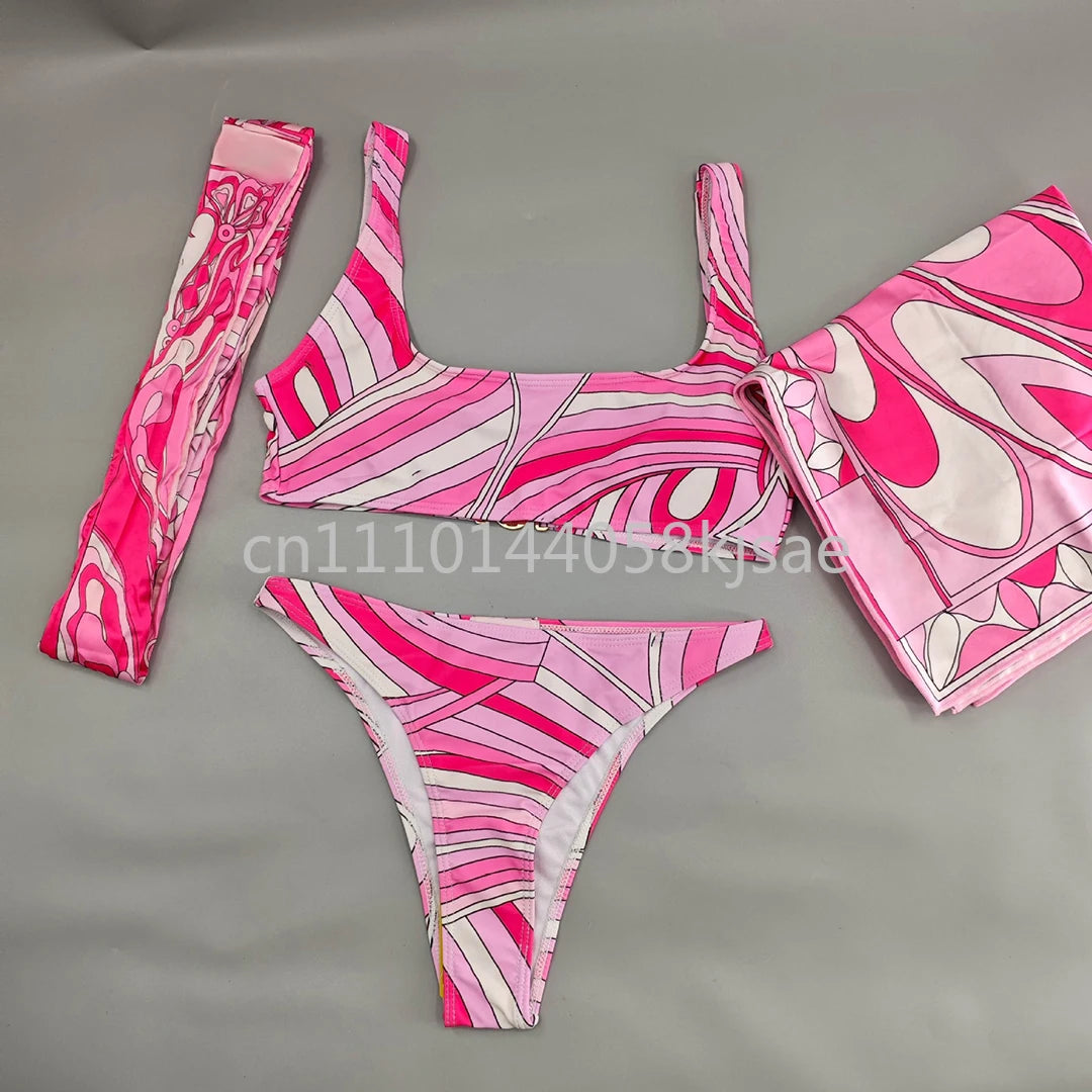 Luxury Design Women's Pink Scarf Swimsuits with Letter Signature Logo Classic Brand Headband Bikini Sets Beachwear