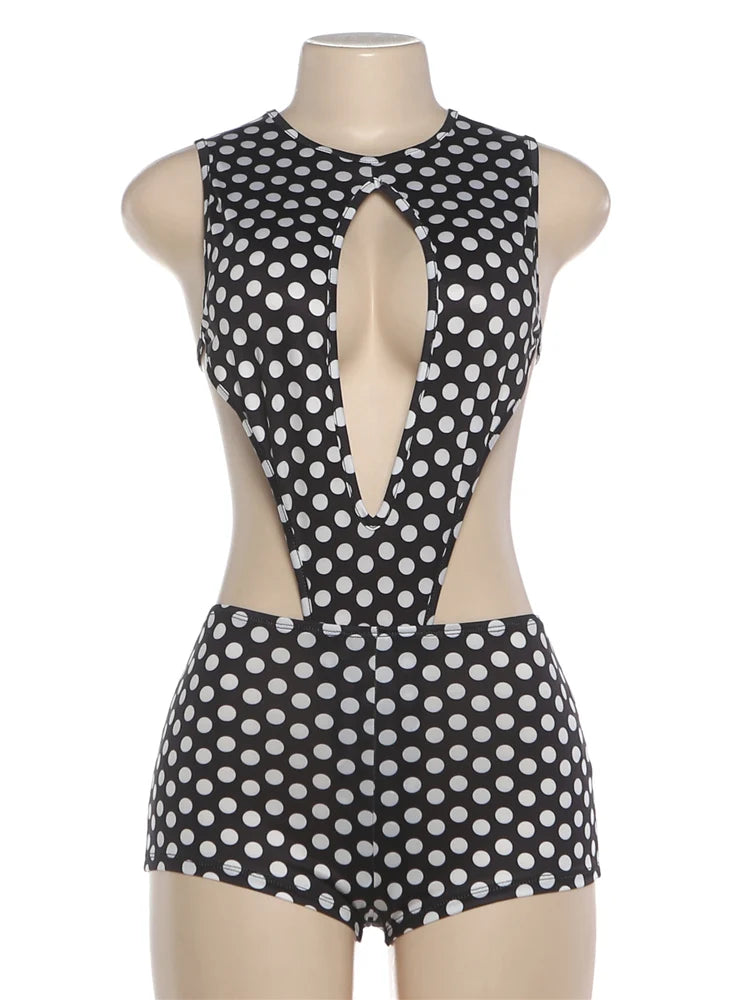 ITGIRLSOCIETY Polka Dot Hollow Bodysuit & Shorts Set