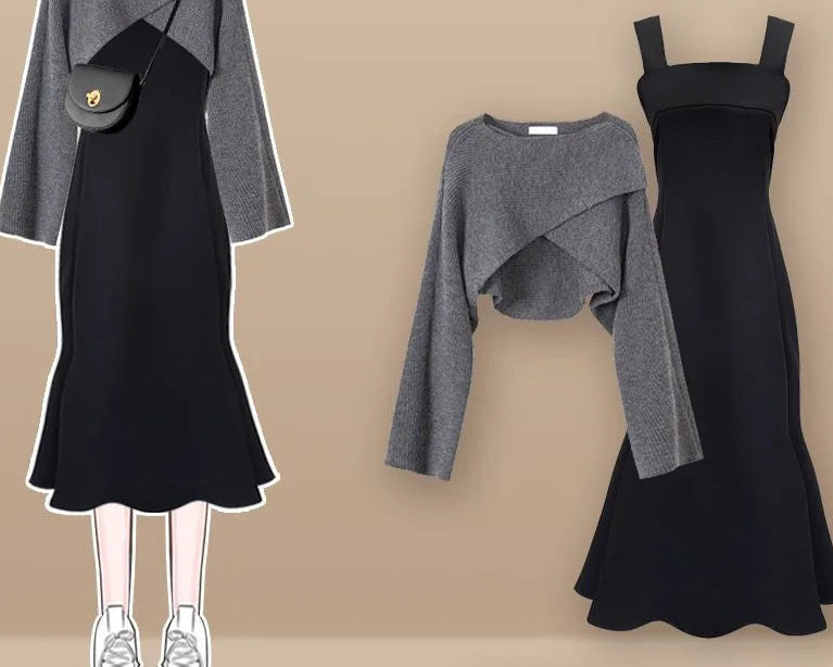 ITGIRLSOCIETY Bow Cardigan & Fishtail Skirt Two-Piece Set