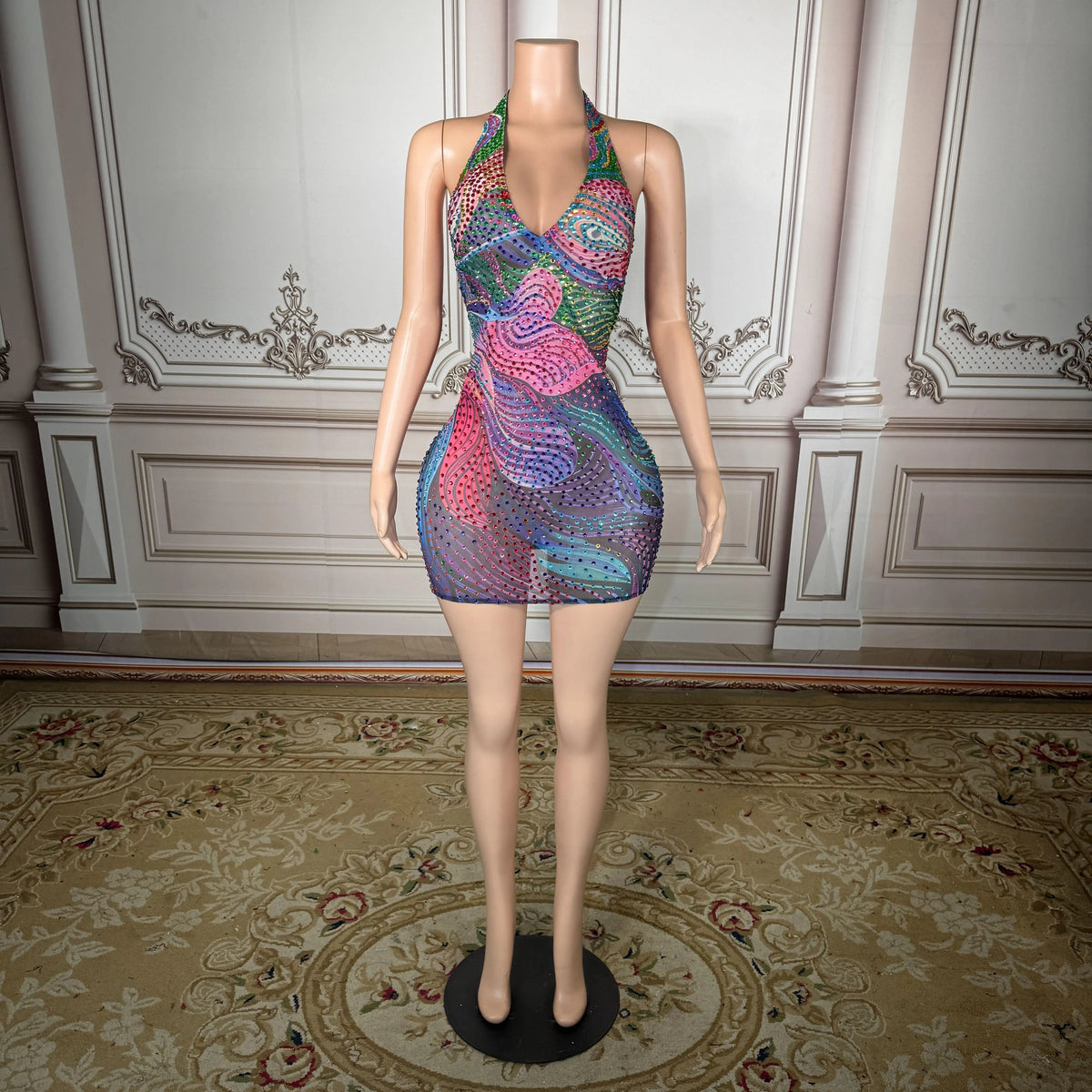 ITGIRLSOCIETY Sheer Mesh Crystal Rhinestone Gown