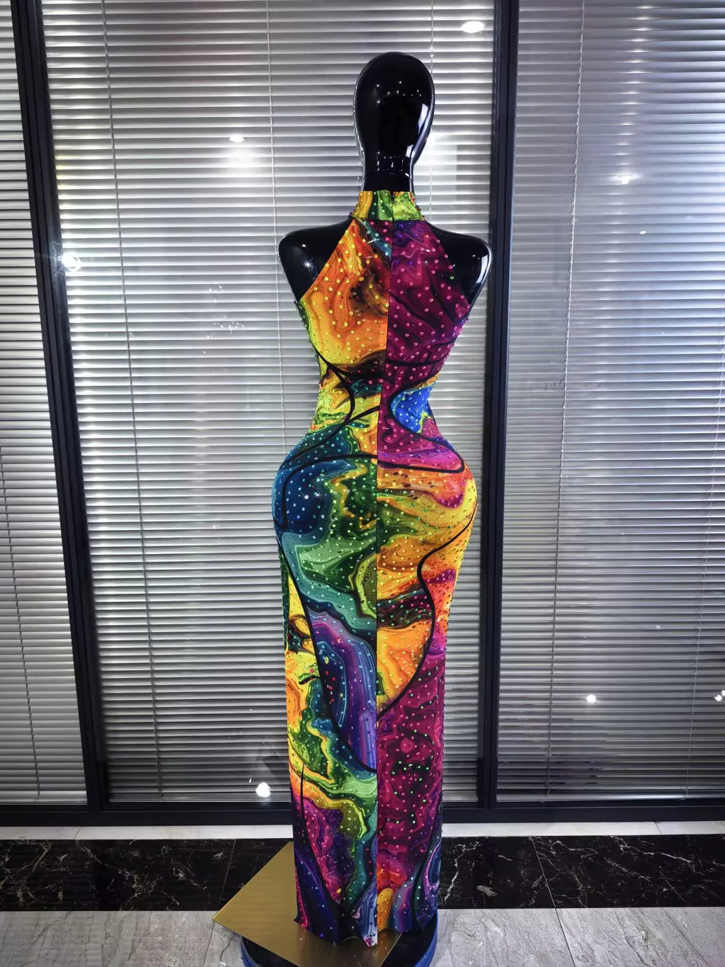 ITGIRLSOCIETY Colorful Rhinestone Off-Shoulder Mesh Dress