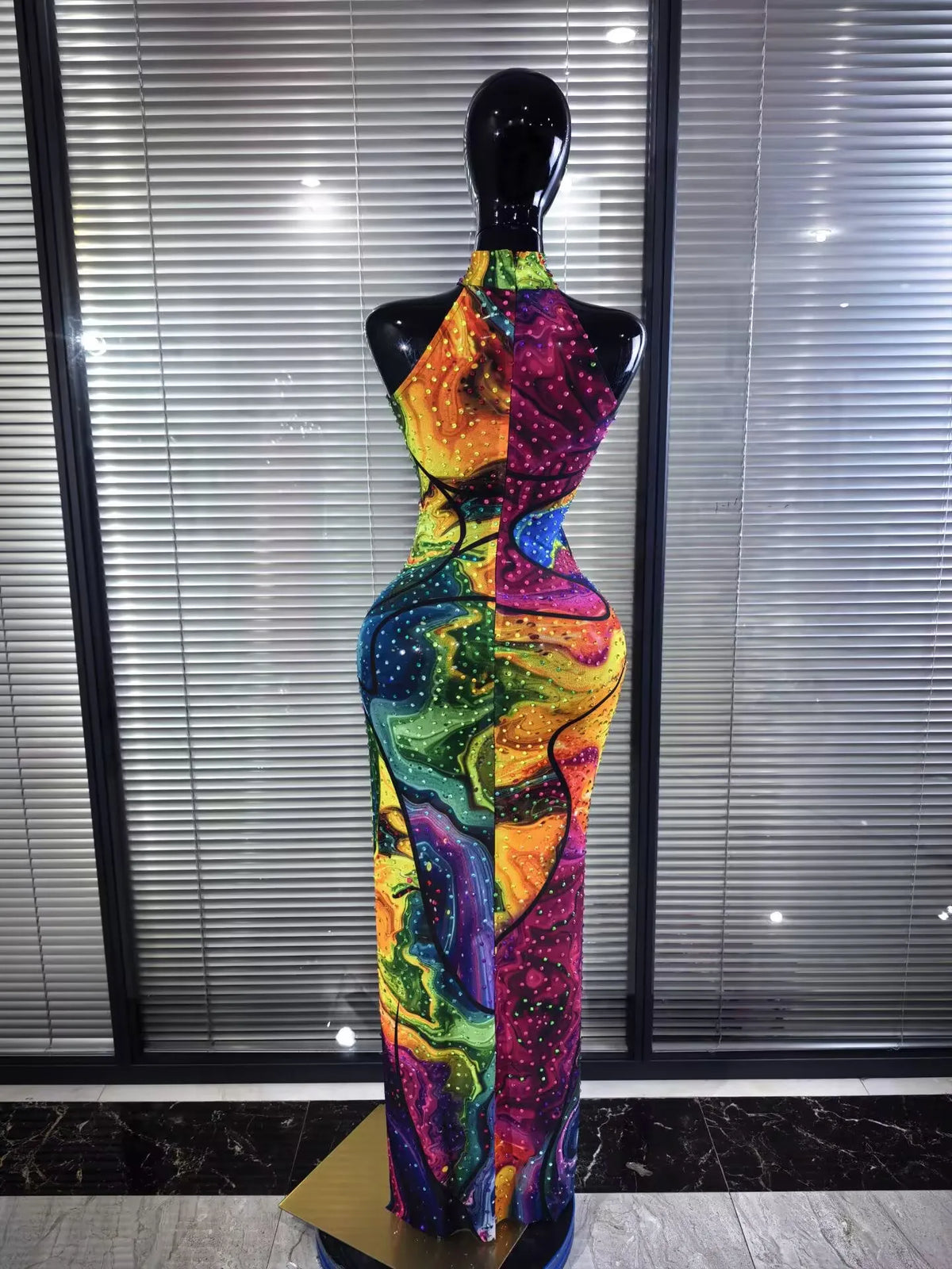 ITGIRLSOCIETY Colorful Rhinestone Off-Shoulder Mesh Dress