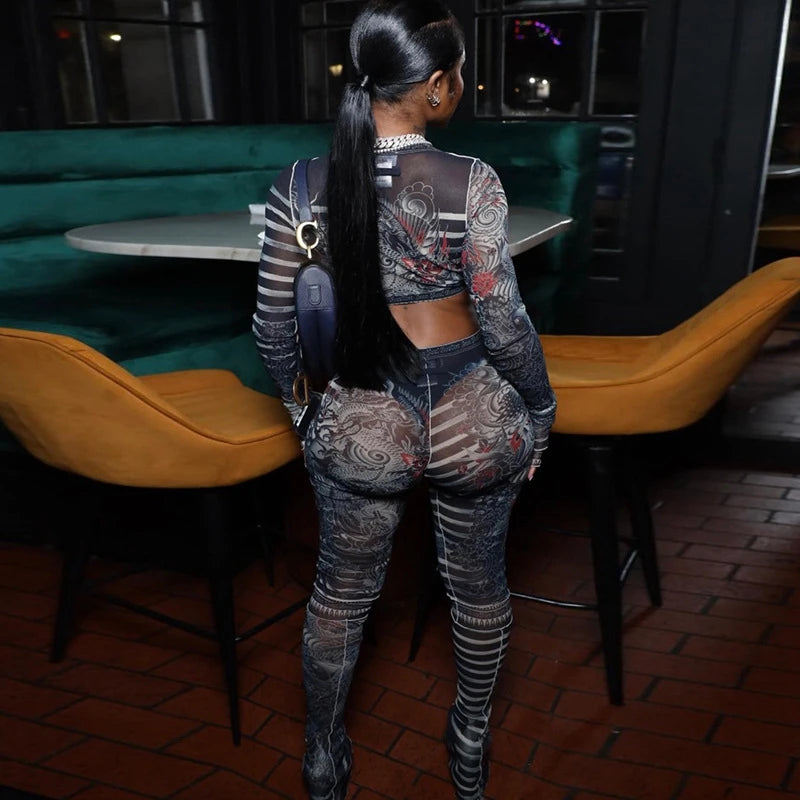 STYLISH LADY Cartoon Letter Printed Mesh 2 Piece Set Women Long Sleeve Crop Top and Skinny Pant Sets 2025 Sexy Club Party Outfit