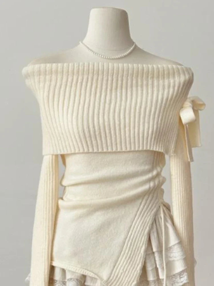 ITGIRLSOCIETY Slash Neck Bow Sweater & Mini Skirt Set