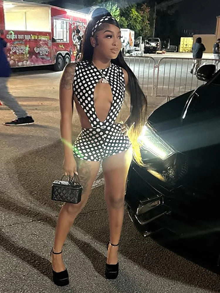 ITGIRLSOCIETY Polka Dot Hollow Bodysuit & Shorts Set