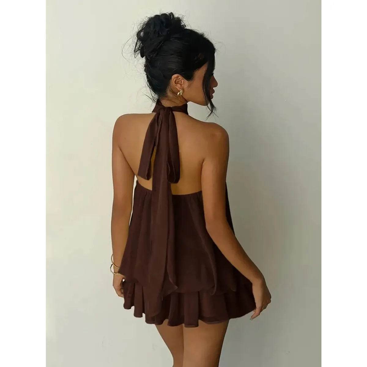ITGIRLSOCIETY Backless Halter Tie-Front Mini Dress