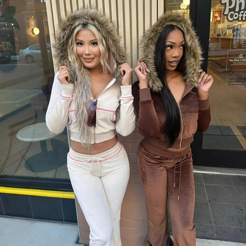 ITGIRLSOCIETY Velvet Tie-Dye Zip Hoodie & Flare Pants Tracksuit Set