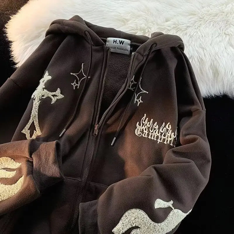 Retro Y2K Autumn Winter Hooded Coats Fashion Women Long Sleeve Embroidered Cross Fire Jackets Casual Streetwear Sweatshirts