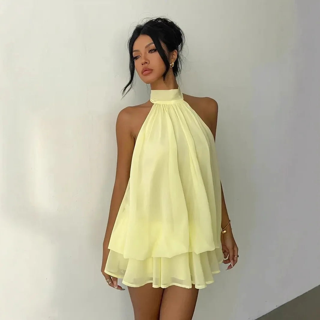 ITGIRLSOCIETY Backless Halter Tie-Front Mini Dress