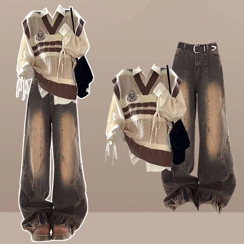 ITGIRLSOCIETY Preppy Knit Vest, Bandage Shirt & Wide-Leg Pants Three Piece Set
