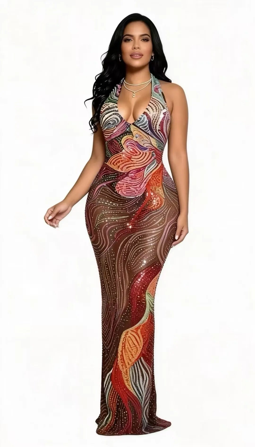 ITGIRLSOCIETY Sheer Mesh Crystal Rhinestone Gown
