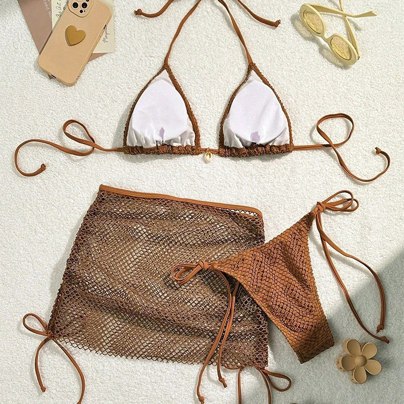 Summer Swimsuit For Women Sexy Bikini Set Push-up Padded Bra Thong Three Pieces  Neck Halter Beachwear Bathing Sexy Swimsuits