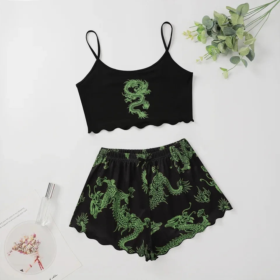 ITGIRLSOCIETY Sexy Dragon Print Halter Top & Shorts Pajama Set