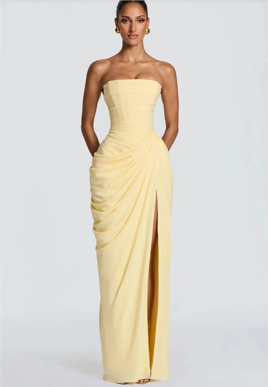ITGIRLSOCIETY Strapless Ruched High Slit Maxi Dress