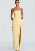 ITGIRLSOCIETY Strapless Ruched High Slit Maxi Dress