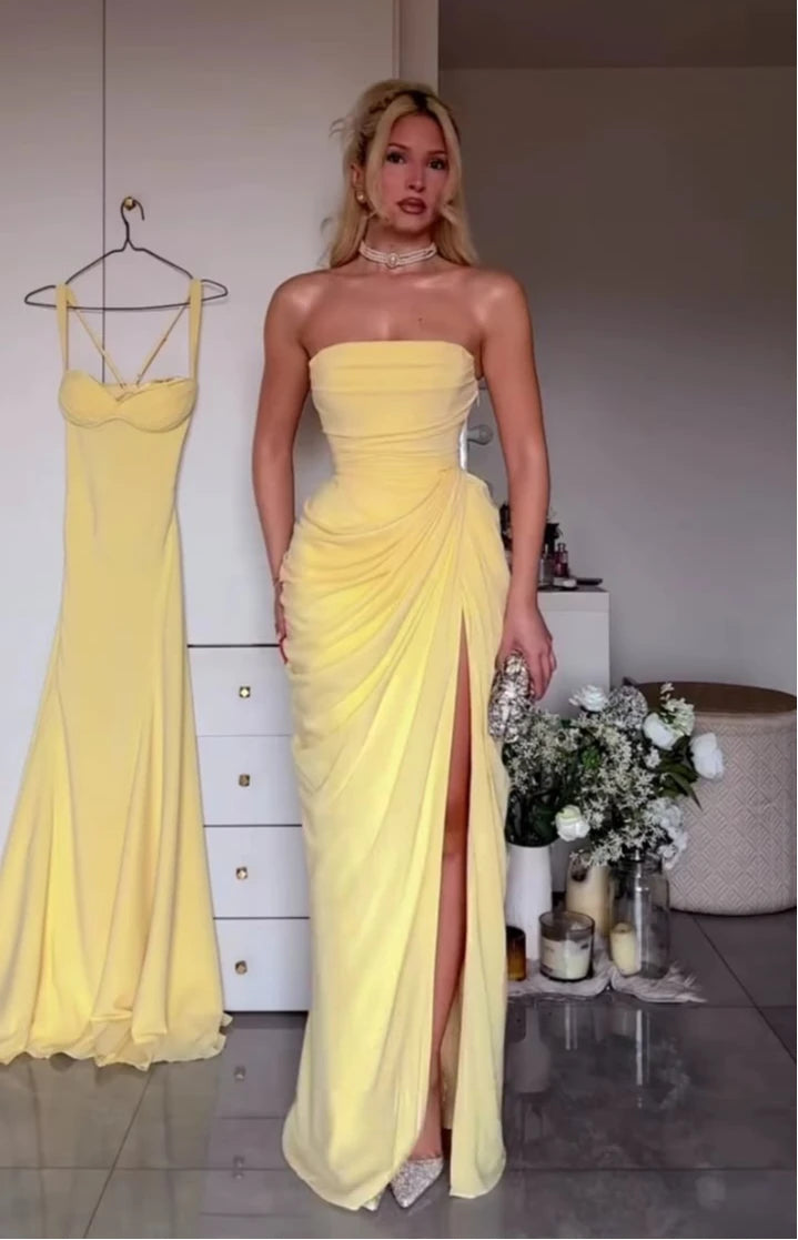 ITGIRLSOCIETY Strapless Ruched High Slit Maxi Dress