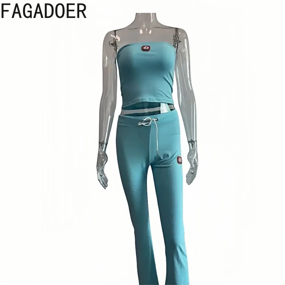 FAGADOER Y2k Fashion 2 Piece Sets Woman Outfit Embroidery Crop Top + Drawstring Flared Pants Suit Female Streetwear Clothing New