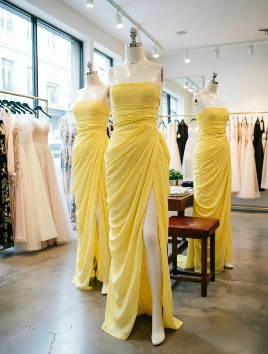 ITGIRLSOCIETY Strapless Ruched High Slit Maxi Dress